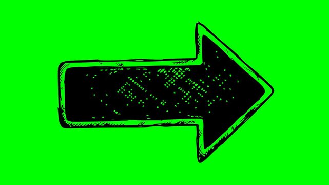 Hand drawn animated arrow with black fill on green screen chroma key background. Perfect for pointing or directional signaling in video edits with a sketch drawing style