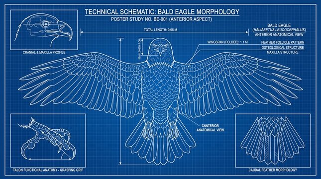 A precise technical drafting blueprint of a bald eagle, showcasing its wingspan, flight mechanics, and anatomical structure.
