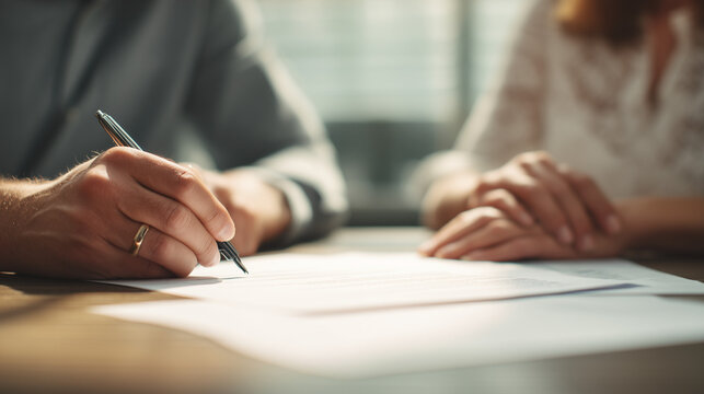 Close-up of person signing legal document with pen, agreement, contract and business deal concept.