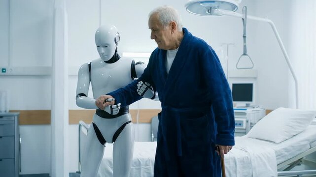 Humanoid robot assisting elderly man to stand in hospital, surreal