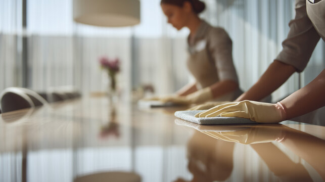 Professional cleaner wiping table with microfiber cloth, housekeeping and sanitation service concept.