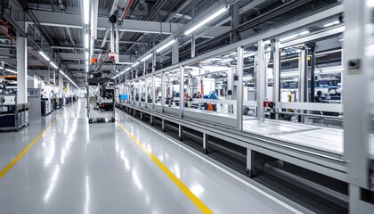 Fototapeta premium Modern Factory Interior with Assembly Line and Bright Lighting.