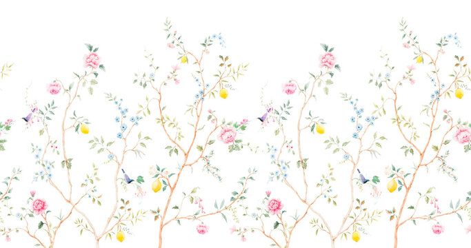 Elegant Seamless Floral Pattern Birds Lemon Branches Vintage Chinoiserie Style