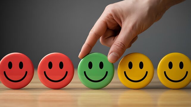 Human hand selecting a green smiley face button among red and yellow ones on a wooden table to represent positive customer service feedback and satisfaction
