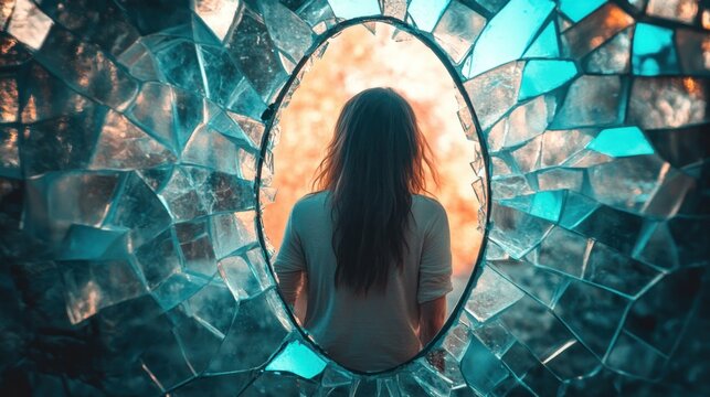 A woman standing in front of a shattered mirror, reflecting societal pressures and self-image struggles.