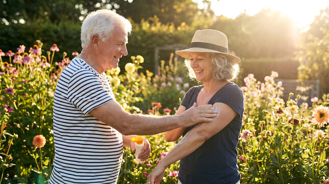 Elderly man applying sunscreen to his wife&rsquo;s arm under warm sunlight, outdoor care photo.