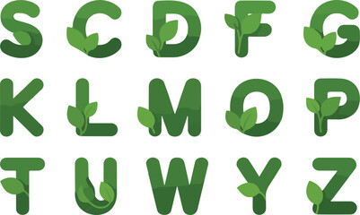 Stylized green alphabet vector set featuring leaf integrated letters S to Z in modern rounded gradient botanical typography design illustration set © Quadra