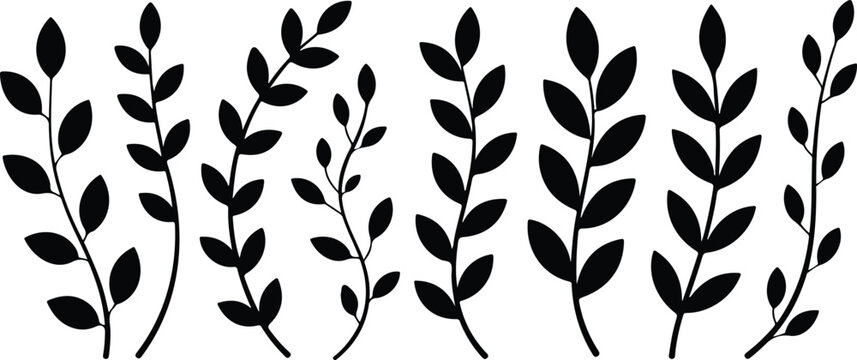 Minimal black and white botanical leaf branch silhouette vector set with repeating vertical stems and evenly spaced oval foliage pattern design