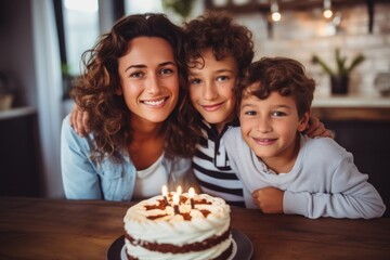 Fototapeta premium Young Hispanic friends cake birthday portrait.