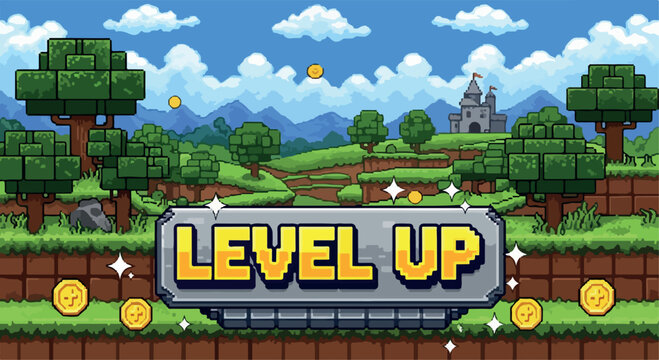 Pixel art level up screen for video games, retro 8-bit platformer landscape with castle and coins, vintage gaming interface vector