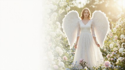 Fototapeta premium Angelic woman with white wings in flower garden with copy space. Spiritual banner background. Female angel in white dress
