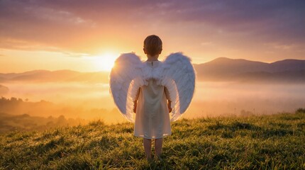 Fototapeta premium Child wearing white angel wings standing on hill at sunrise. Back view of kid with feathered wings looking at misty mountain valley during golden hour. Spiritual and hope concept