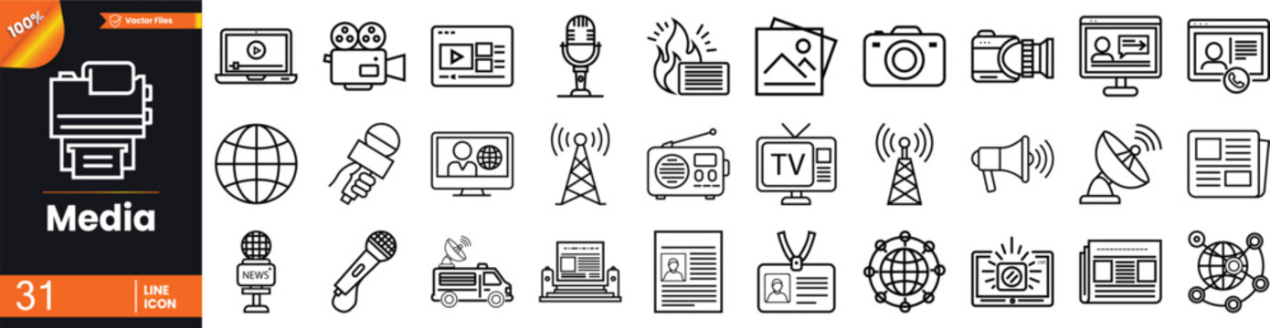 Modern Media Line Icon Set, News and Broadcasting Outline Icons Pack, TV, Radio, Journalism, Press, Interview and Mass Media Vector Collection, Editable Stroke for Web, UI and App Design

