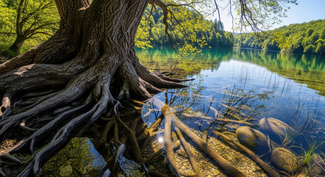 A large tree with exposed roots beside a calm river in a forest.