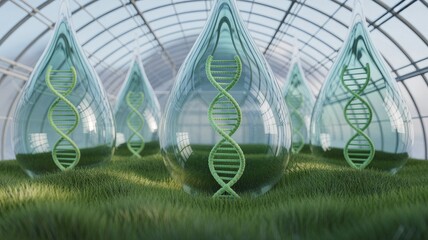 Fototapeta premium Advanced Biotech Greenhouse with DNA Structures in Sustainable Environment