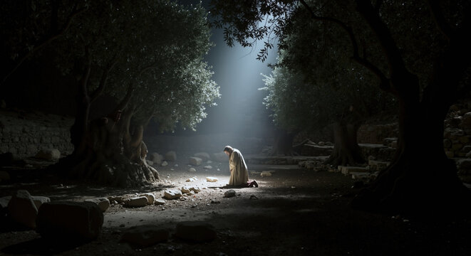 Jesus Christ praying alone at night in Garden of Gethsemane. Dramatic spotlight illuminates kneeling figure under olive trees. Biblical scene of faith and Passion of Christ