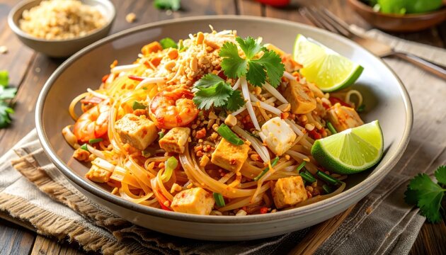 Delicious Pad Thai Noodles with Shrimp and Tofu.