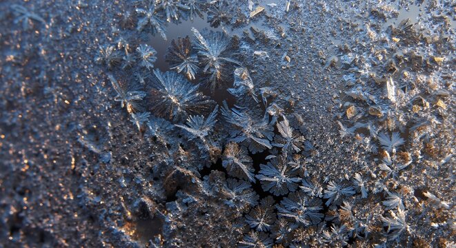 Macro close-up of intricate frost crystals on window. Icy snowflake and fern patterns with golden light. Abstract winter nature background