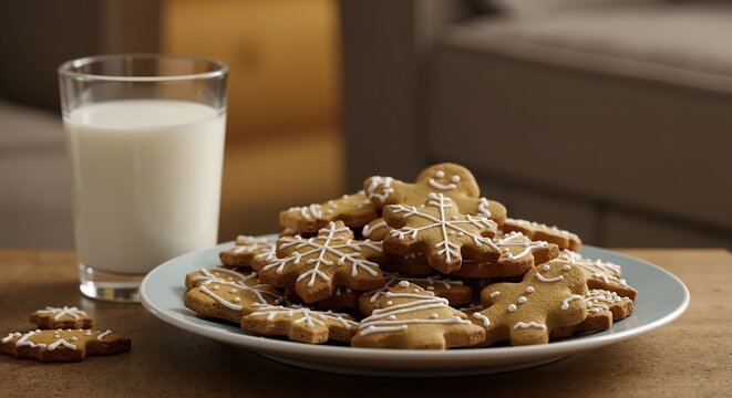 Festive gingerbread cookies and glass of milk on wooden table. Traditional Christmas holiday snack for Santa. Homemade winter baking concept