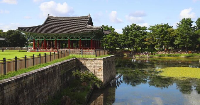 Gyeongju, South Korea, view of Donggung Palace and Wolji Pond in a sunny day, North Gyeongsang Province, Gyeongju city, Silla dinasty traditional Korean hanok architecture, Yeongnam region