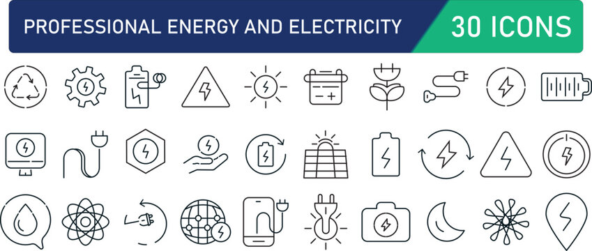 energy and power line icon set, featuring minimalist vector pictograms of batteries, charging plugs, and solar panels.Sleek electrical service and power supply icons for UI, professional pack of linea