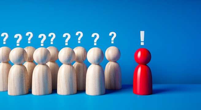 Wooden figurines in a group with question marks and exclamation mark above, one red figure stands out as leader or speaker on blue background - 3D illustration