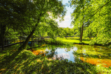 Fototapeta premium Historic wooden watermills (Mlincici) on the travertine barriers of Plivsko Lake near Jajce, Bosnia and Herzegovina.