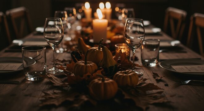 Festive Thanksgiving table setting with autumn decorations. Cozy dinner party with pumpkins and candlelight on rustic wooden table