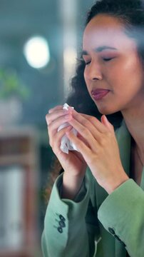 Sneeze, sick and business woman with tissue in office, allergy season and infection for runny nose. Glass, health problem and ill employee with hayfever in workplace, influenza symptoms and sinus