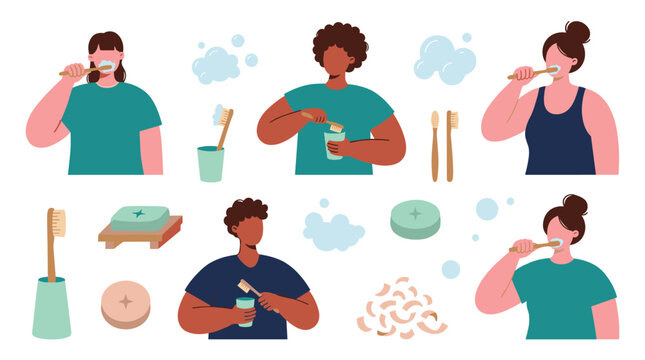Diverse people brushing teeth with bamboo toothbrushes and natural toothpaste promoting oral hygiene and eco friendly habits