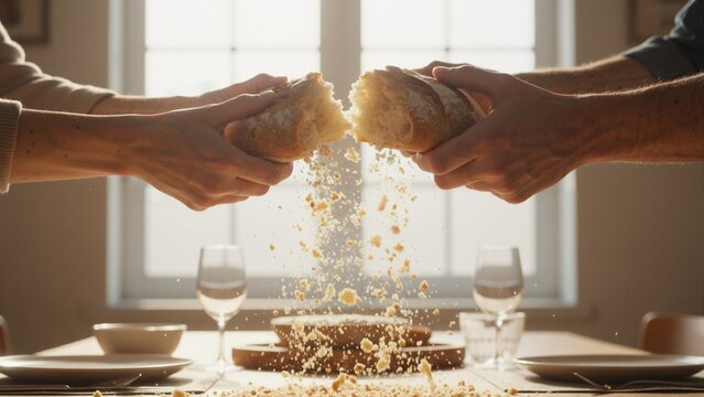 Hands breaking loaf of bread over dining table. Sharing food and community concept. Close up of crusty bread with falling crumbs