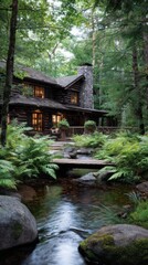 Naklejka premium A charming log cabin surrounded by vibrant ferns and towering trees invites exploration. A gentle stream flows nearby, enhancing the peaceful atmosphere of this woodland retreat