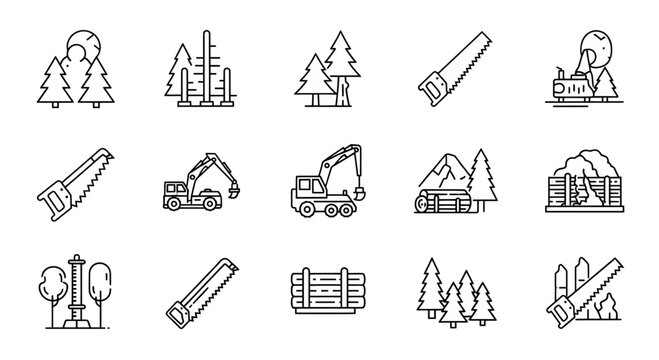 Forestry Icons: Trees, Sawmills, Lumberjacks, and Equipment