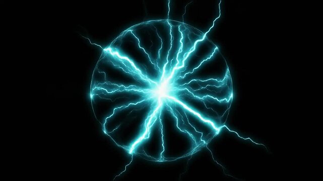 Dynamic Plasma Ball Energy Discharge with Electric Lightning Bolts on Black Background.