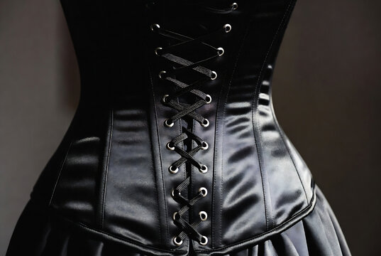 A black leather corset is displayed, suggesting a fashion or costume context. It&rsquo;s being photographed against a dark background.