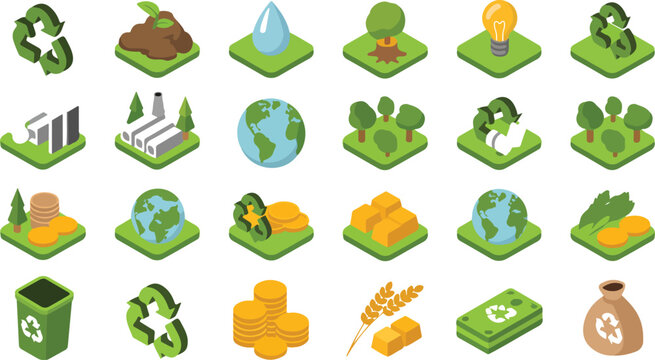 Isometric eco environment icon collection featuring forest, wildlife, renewable energy, pollution control and sustainability symbols in 4x6 grid layout vector illustration set