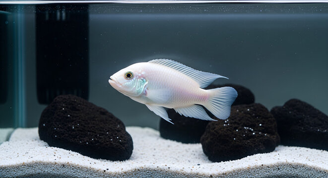 Snow white cichlid fish swimming in a clean freshwater aquarium
