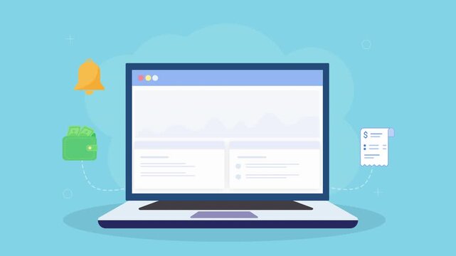 Animated laptop displaying alert notification dashboard with bell icon, message card, and task document elements in clean flat design on teal background.