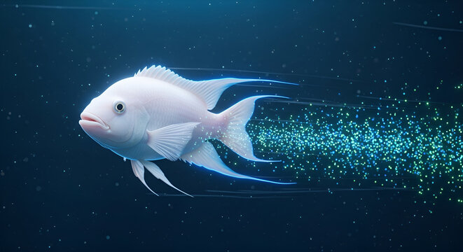 Snow white cichlid fish swimming in deep blue water with glow