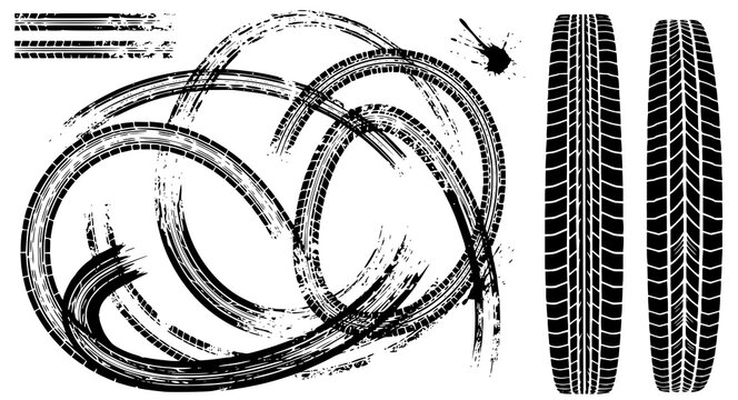 Set of black tire tracks: grunge curved skid marks, straight treads and ink splatter