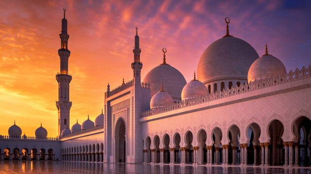 Sheikh zayed grand mosque in abu dhabi at sunset