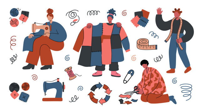 Diverse people engaged in sustainable fashion and sewing crafts, creating unique patchwork garments and upcycling textiles with sewing machines and scissors