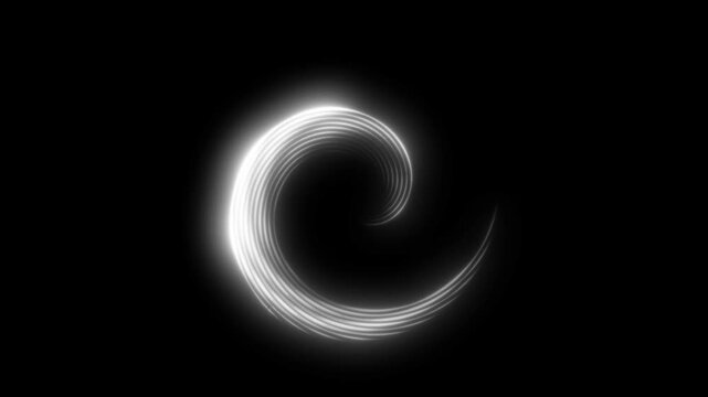 White spinning spiral lines animation with glowing neon trails, dynamic motion effect and seamless loop abstract background in 4K