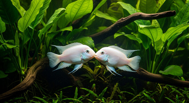 Two snow white cichlid fish kissing in a lush planted aquarium