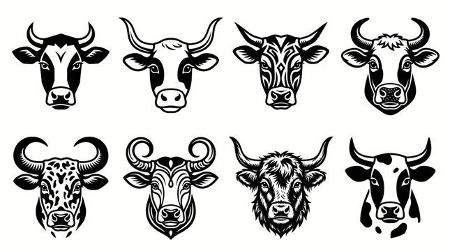 Cow and bull head icons set featuring diverse horn shapes ear positions facial markings cattle silhouettes agriculture farming livestock symbols