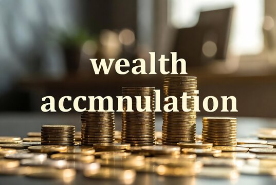 Stacks of gold coins are displayed on a surface in an indoor setting with the words wealth accumulation overlaid.