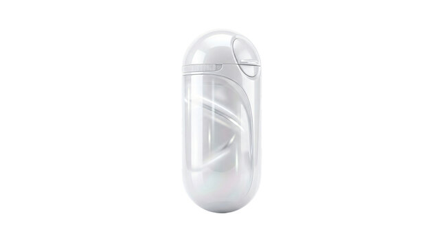 Sleek white cylindrical portable speaker with a distinctive logo design isolated on transparent background