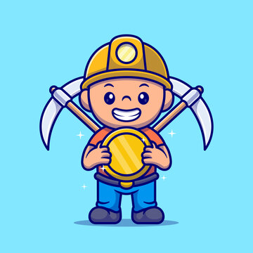 Cute Man Mining Gold Coin with Pickaxe Cartoon