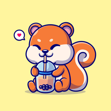 Cute Squirrel Drinking Boba Milk Tea Cartoon