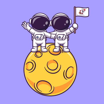 Cute Astronaut Couple Holding Rocket Flag On Moon Cartoon 